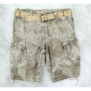 Jet Lag Cargo Shorts Mens 38 Green Floral Graphic Print Belted Utility Gorpcore